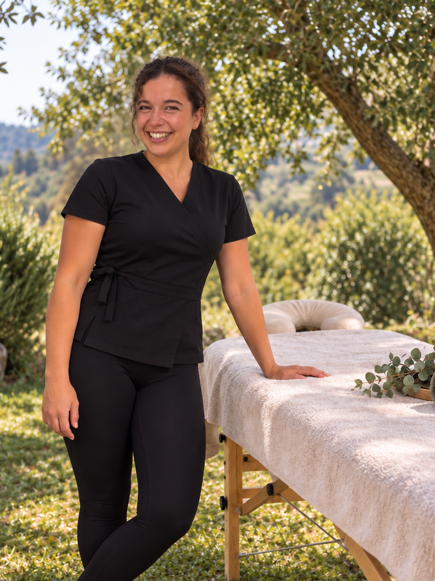 Charlotte, praticienne en massage bien-être, souriante à côté de sa table de massage installée dans un jardin