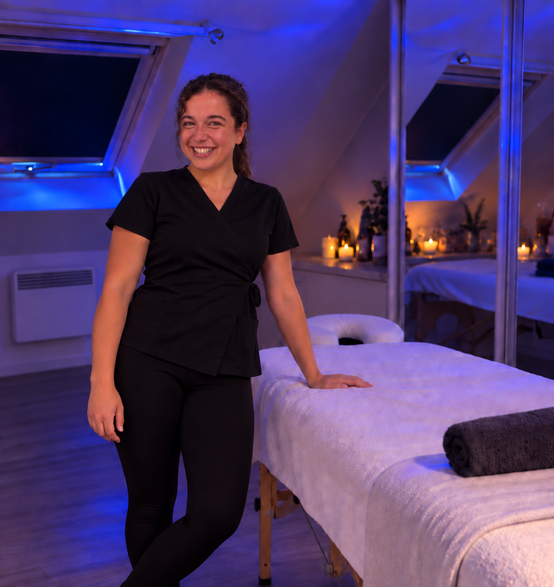 Charlotte souriante dans son cabinet, à côté de sa table de massage