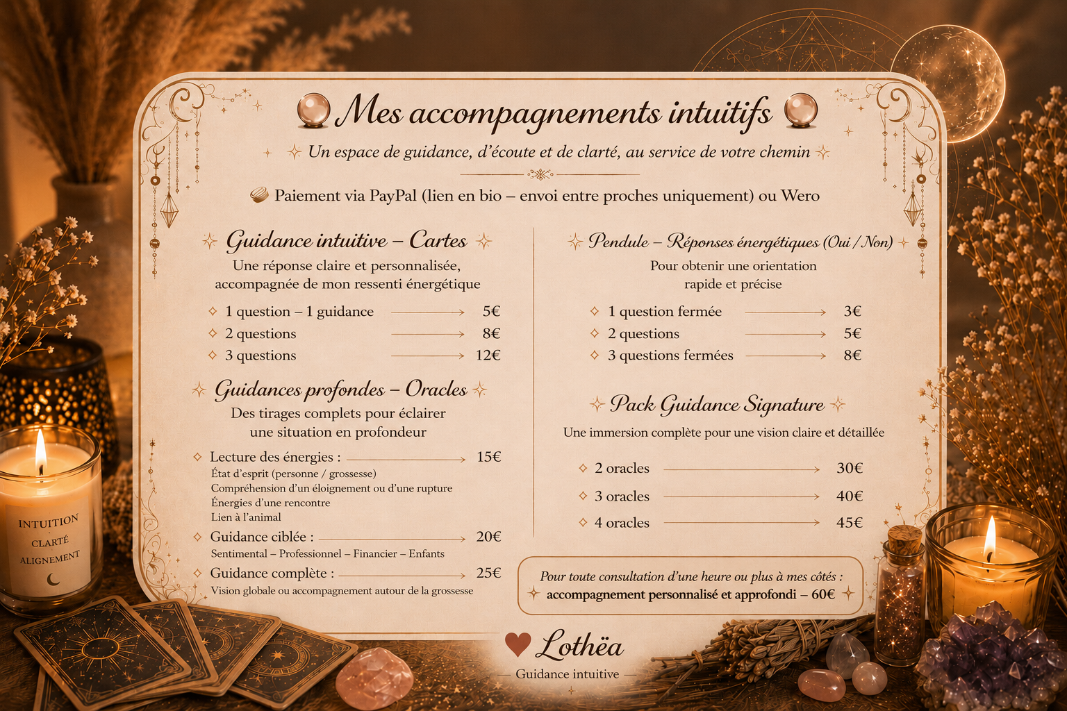 Affiche des tarifs des accompagnements intuitifs Lothëa