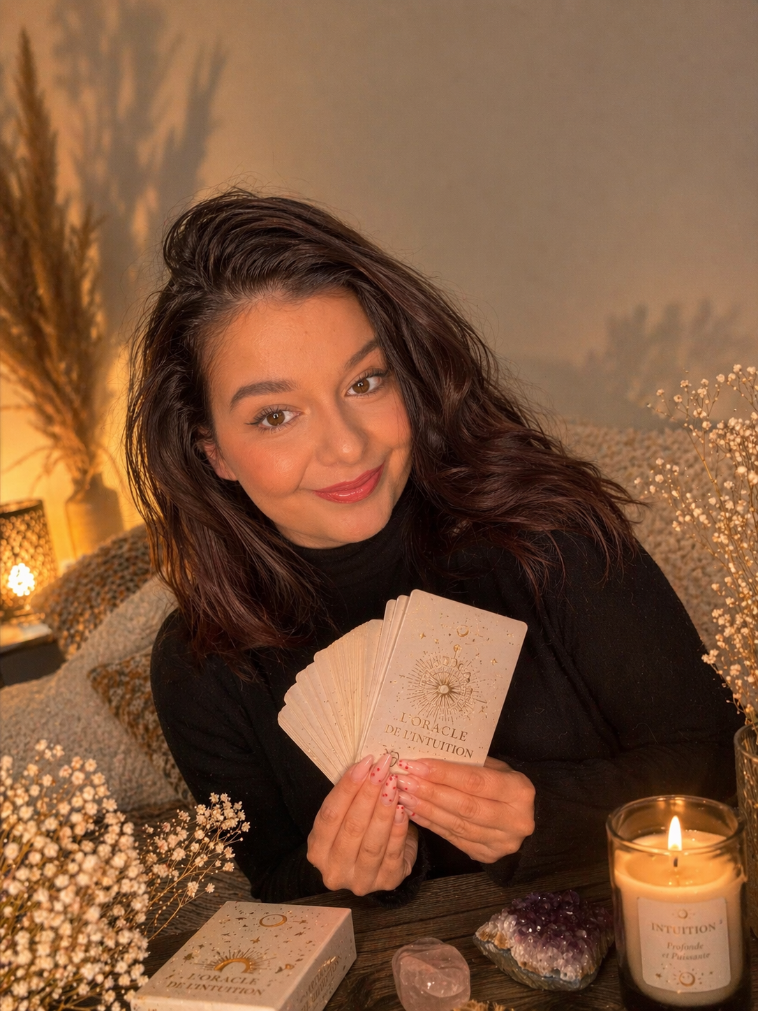 Charlotte, cartomancienne, avec son oracle de l'intuition dans une ambiance chaleureuse aux bougies