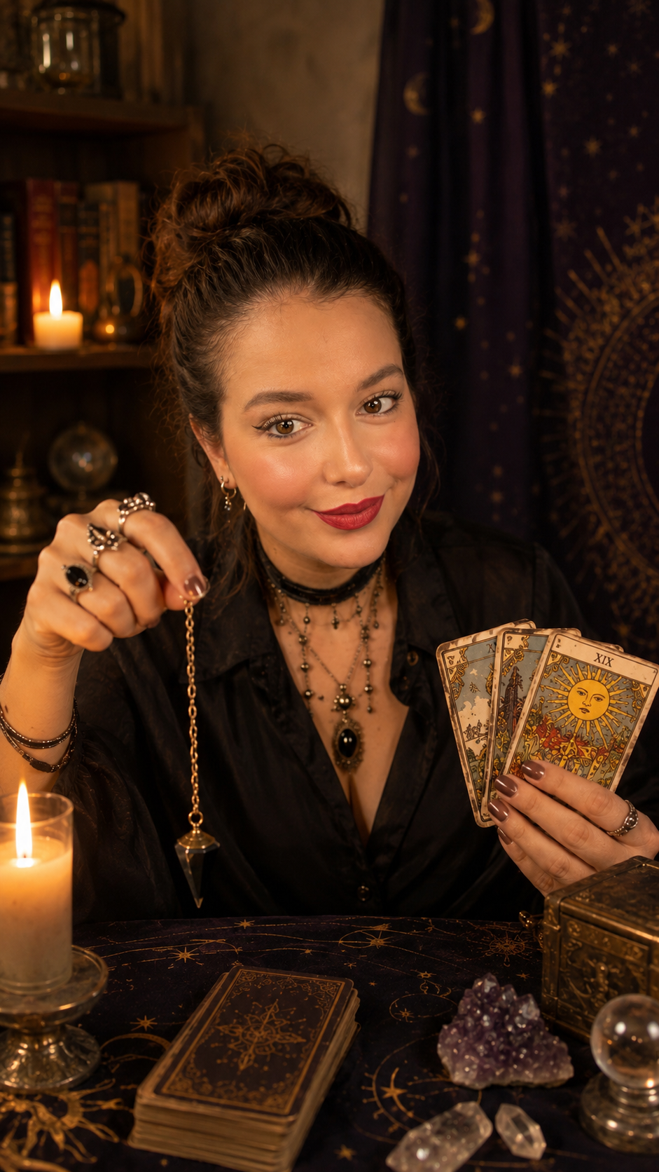 Charlotte utilisant un pendule au-dessus d’un tirage de cartes