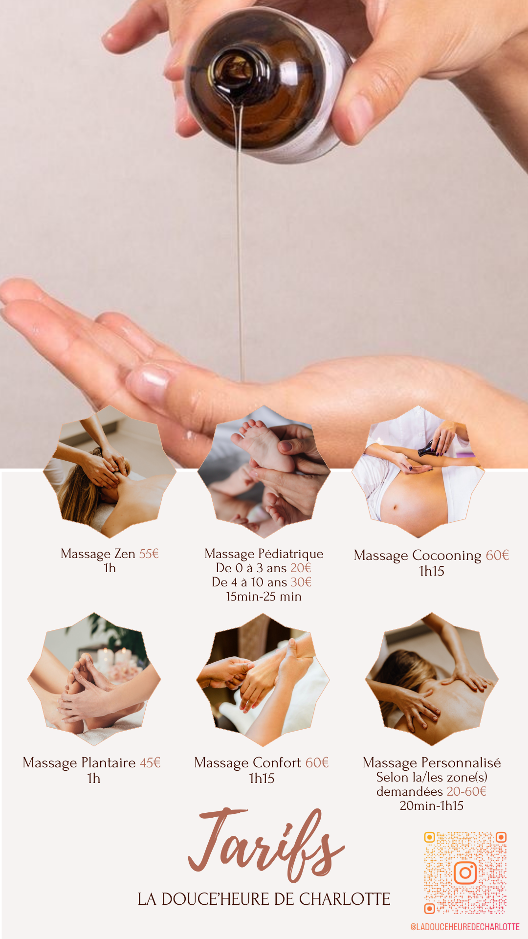 Affiche des tarifs des massages de La Douce’Heure de Charlotte
